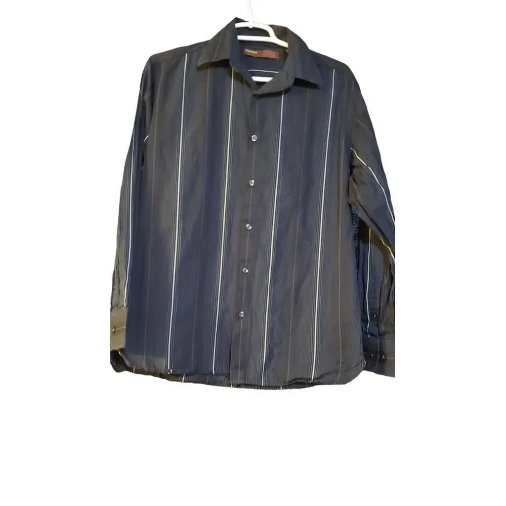 Perry Ellis Shirt Size S Button Up Long Sleeve‎ 100% Cotton Top Black W/ Stripes